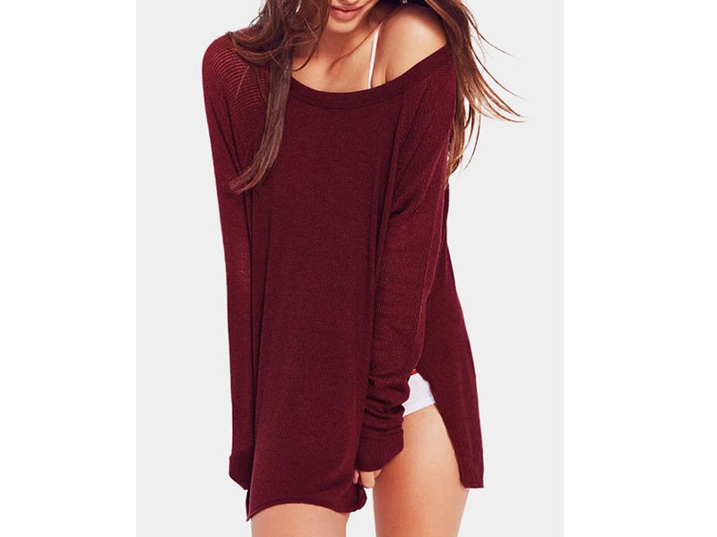 Women's Burgundy Slit Design Plain One Shoulder Long Sleeves Knitted Top