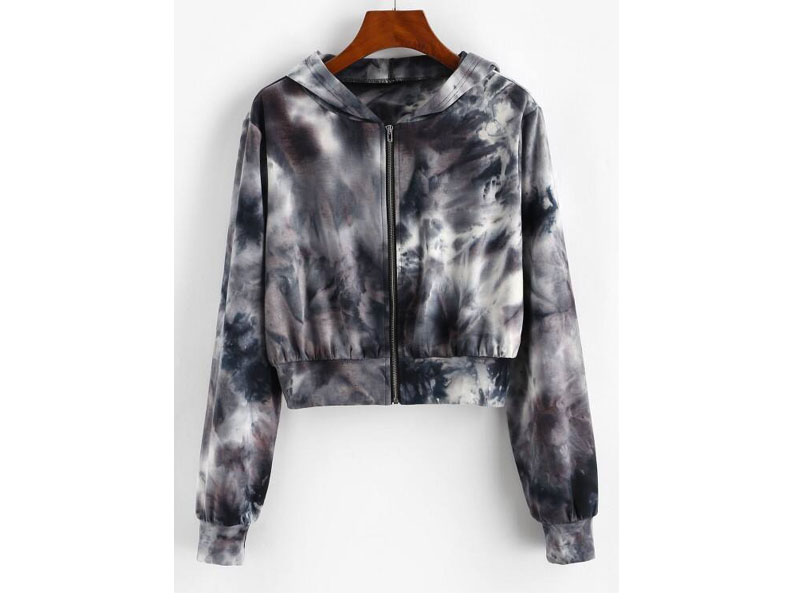 Women's Zaful Tie Dye Zip Up Crop Hoodie Black S