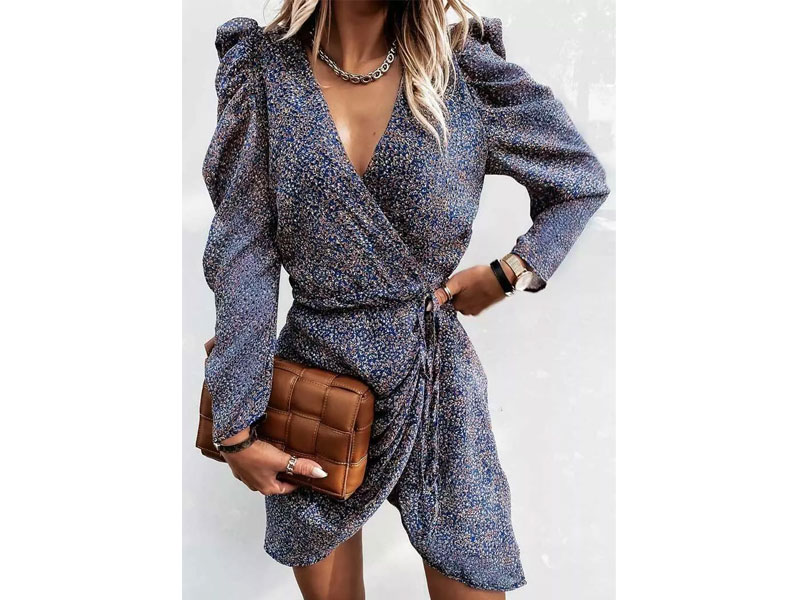 Women's Leopard Ruffled Wrap V-Neck Puff Sleeve Mini Dress Blue