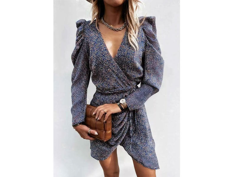 Women's Leopard Ruffled Wrap V-Neck Puff Sleeve Mini Dress Blue