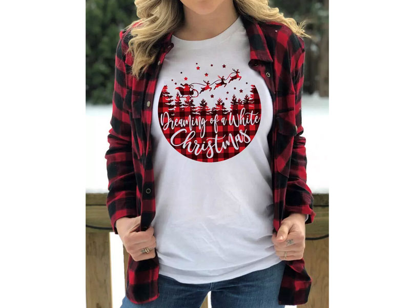 Women's Dreaming Of A White Christmas Plaid T-Shirt Tee White