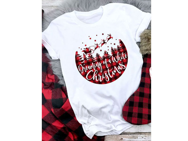 Women's Dreaming Of A White Christmas Plaid T-Shirt Tee White