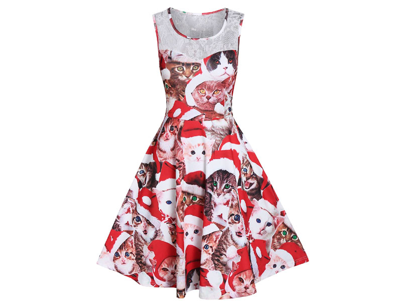 Women's Cat Print Lace Insert A Line Dress