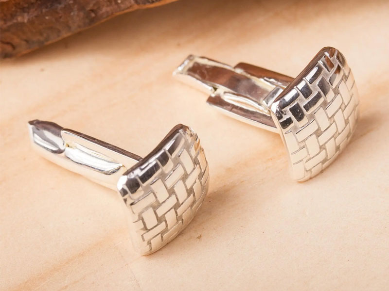 Mexican Taxco Silver Artisan Crafted Cufflinks Seri Weaving