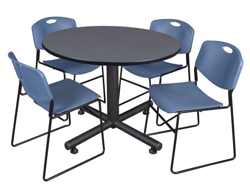 Round Breakroom Table Gray & 4 Zeng Stack Chairs By Regency Furniture