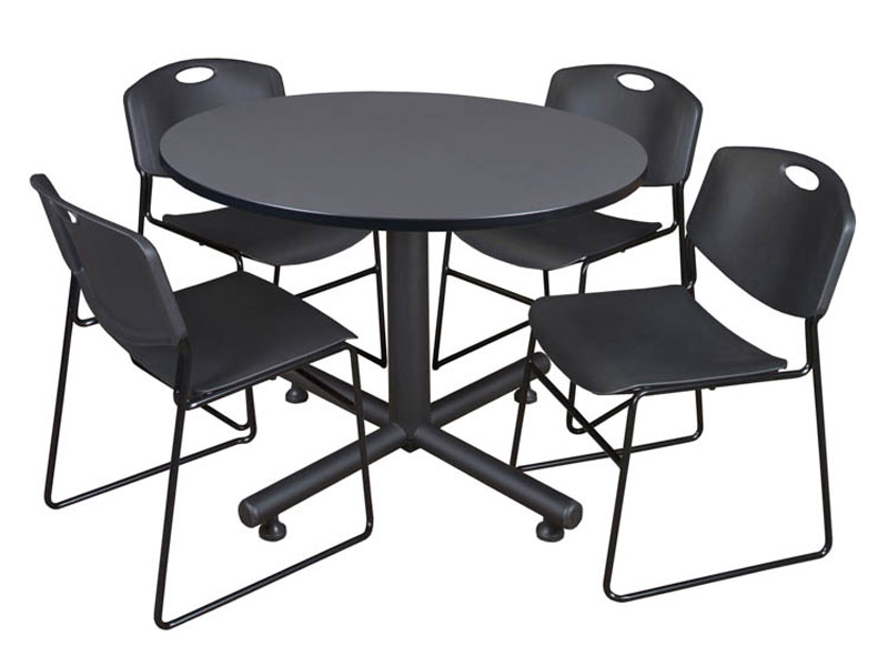 Round Breakroom Table Gray & 4 Zeng Stack Chairs By Regency Furniture