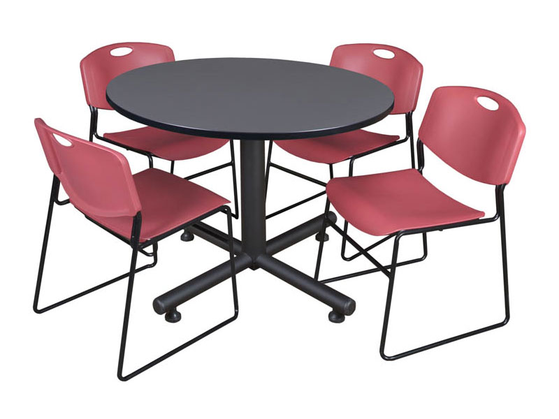 Round Breakroom Table Gray & 4 Zeng Stack Chairs By Regency Furniture