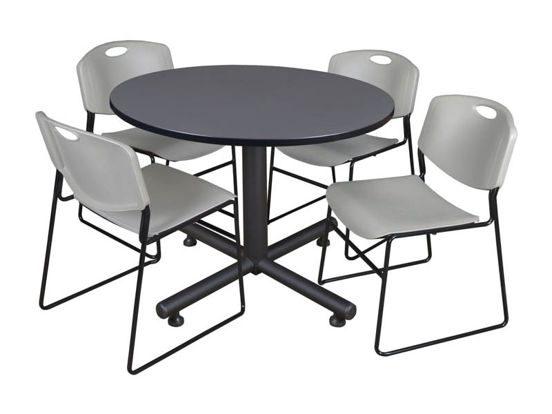 Round Breakroom Table Gray & 4 Zeng Stack Chairs By Regency Furniture