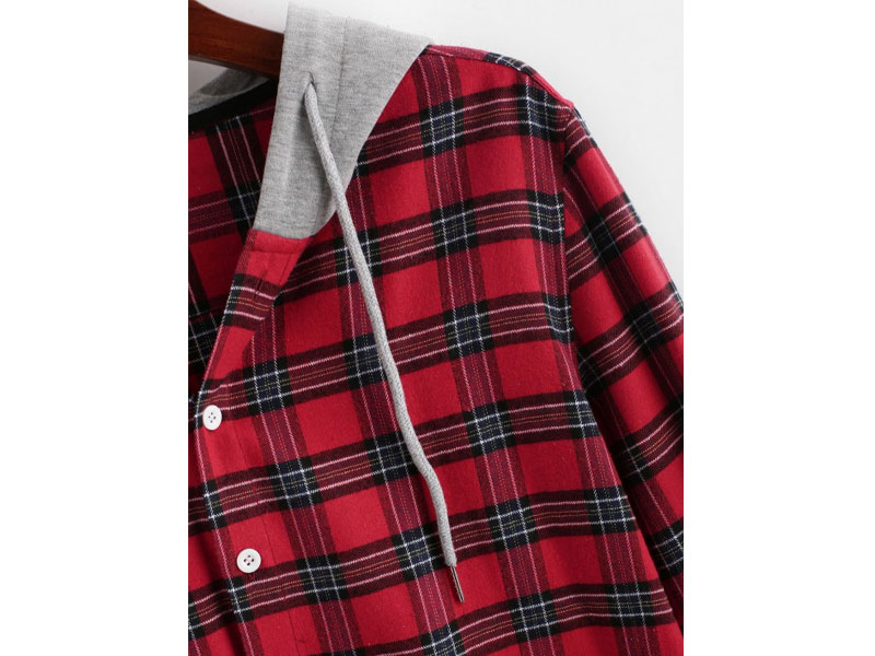 Women's Colorblock Hooded Plaid Shirt Red S