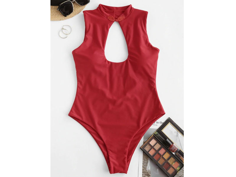 Women's Zaful Keyhole Chinoiserie Frog Fastener One-piece Swimsuit Red Xl