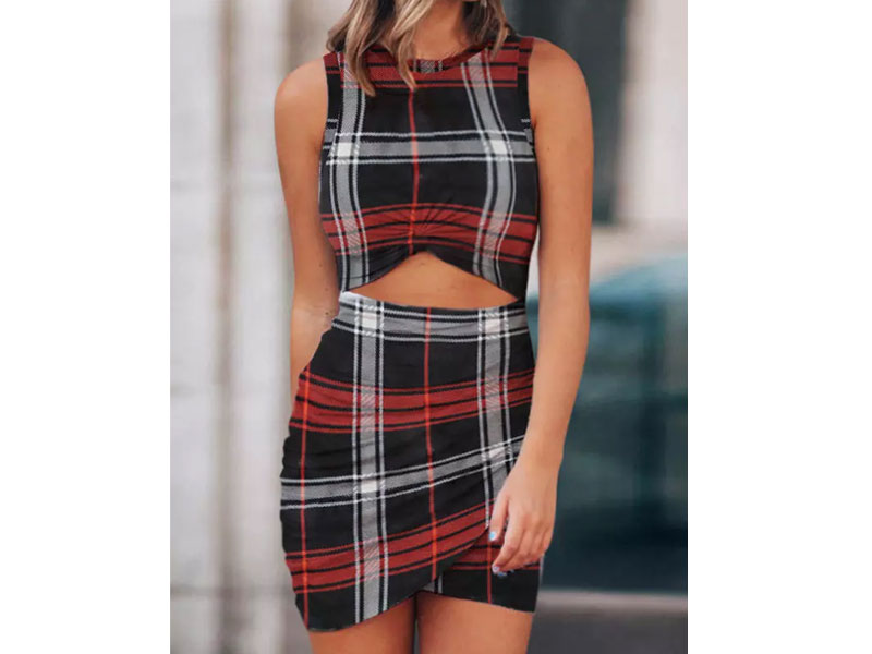 Women's Plaid Striped Twist Hollow Out Bodycon Dress