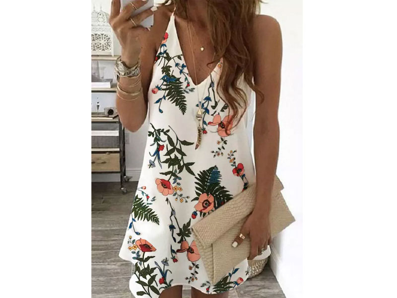 Women's Floral V-Neck Spaghetti Strap Mini Dress White