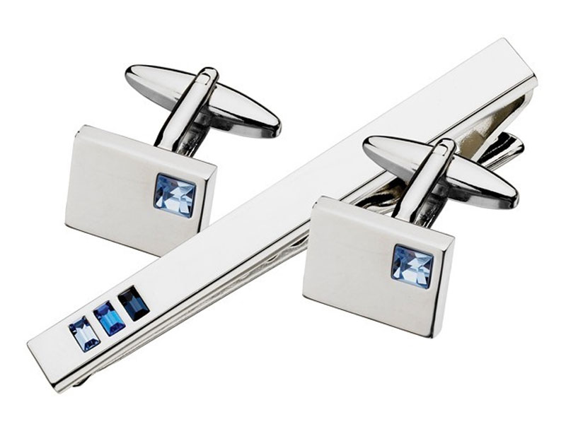 Men's Stainless Steel Blue Austrian Crystal Tie Pin & Cuff Link Set