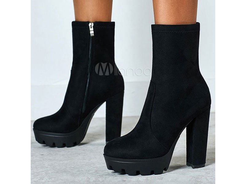 Women's Ankle Boots Black Micro Suede Round Toe