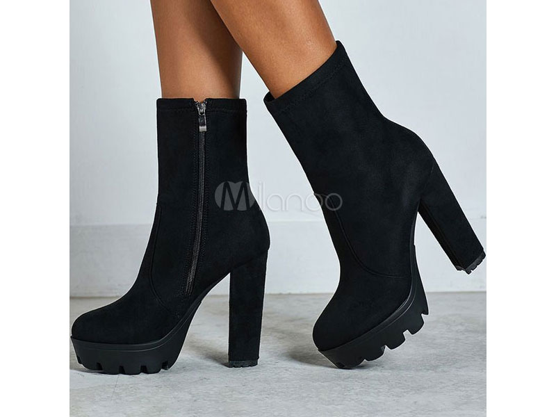 Women's Ankle Boots Black Micro Suede Round Toe