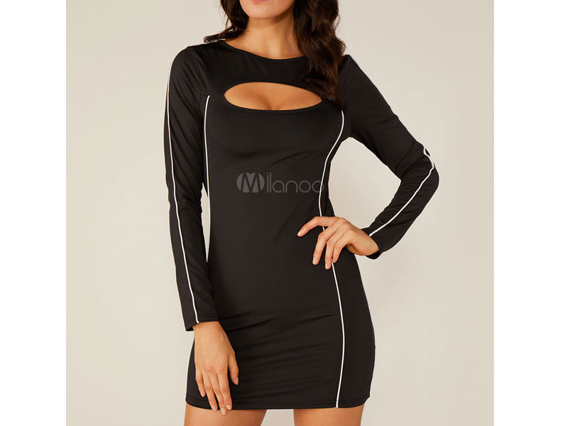 Women's Bodycon Dresses Black Long Sleeves Jewel Neck Sheath Dress