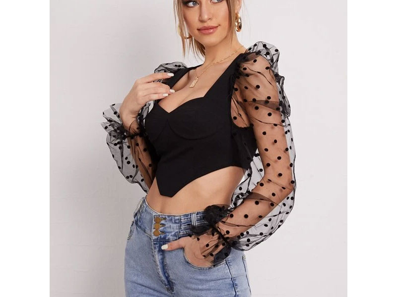 Women's Shein Polka Dot Mesh Sleeve Asymmetrical Hem Crop Top