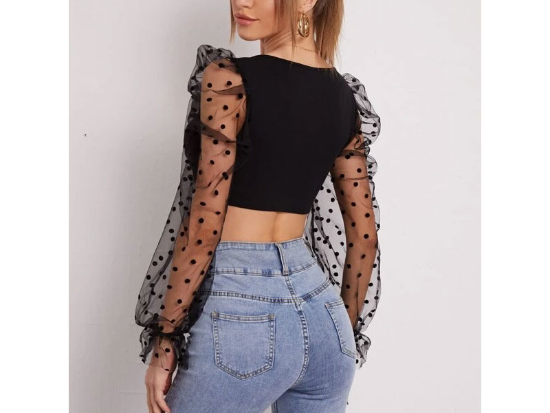 Women's Shein Polka Dot Mesh Sleeve Asymmetrical Hem Crop Top