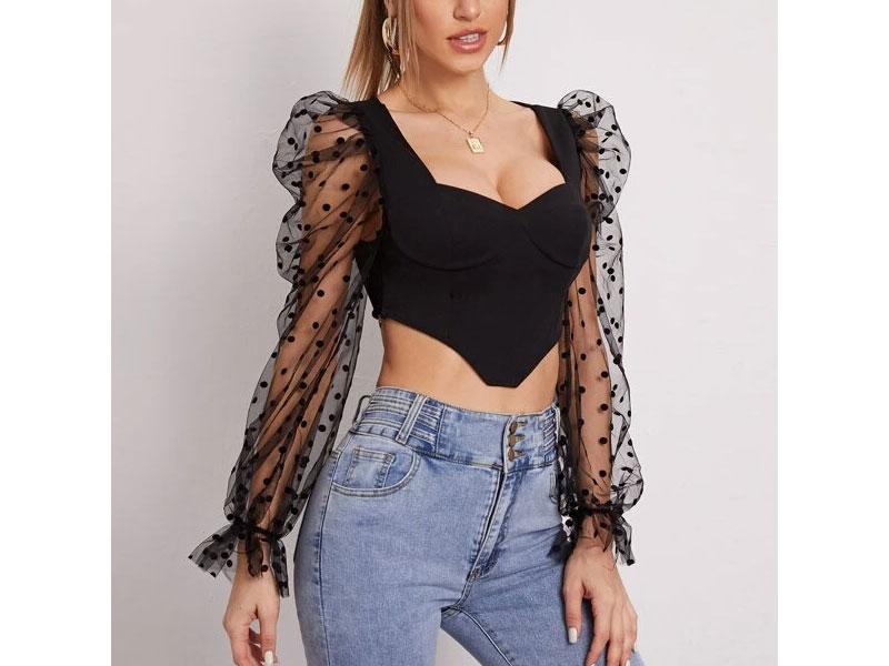 Women's Shein Polka Dot Mesh Sleeve Asymmetrical Hem Crop Top
