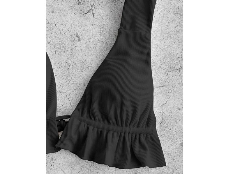 Women's Zaful Ribbed Ruffle Knot Scrunch Butt Bikini Swimwear Black S