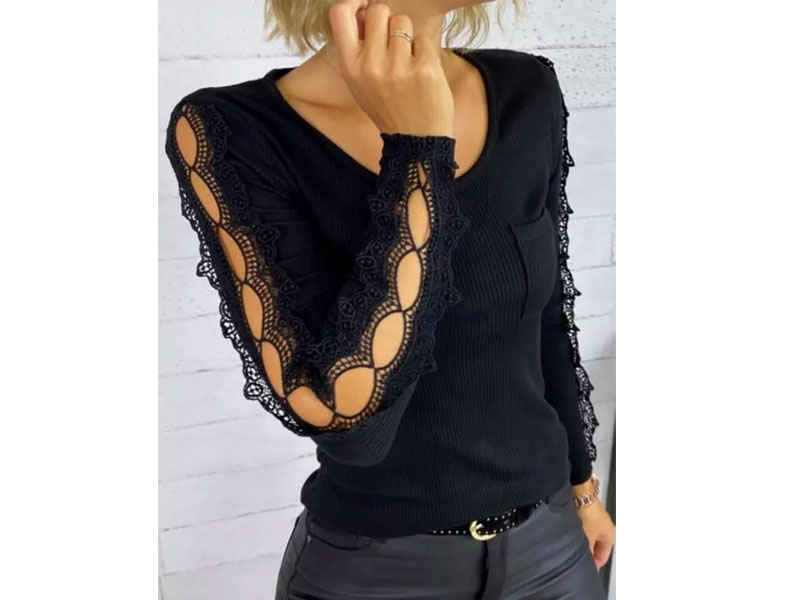 Women's Lace Splicing Pocket Hollow Out Long Sleeve Blouse Black