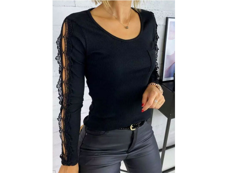 Women's Lace Splicing Pocket Hollow Out Long Sleeve Blouse Black