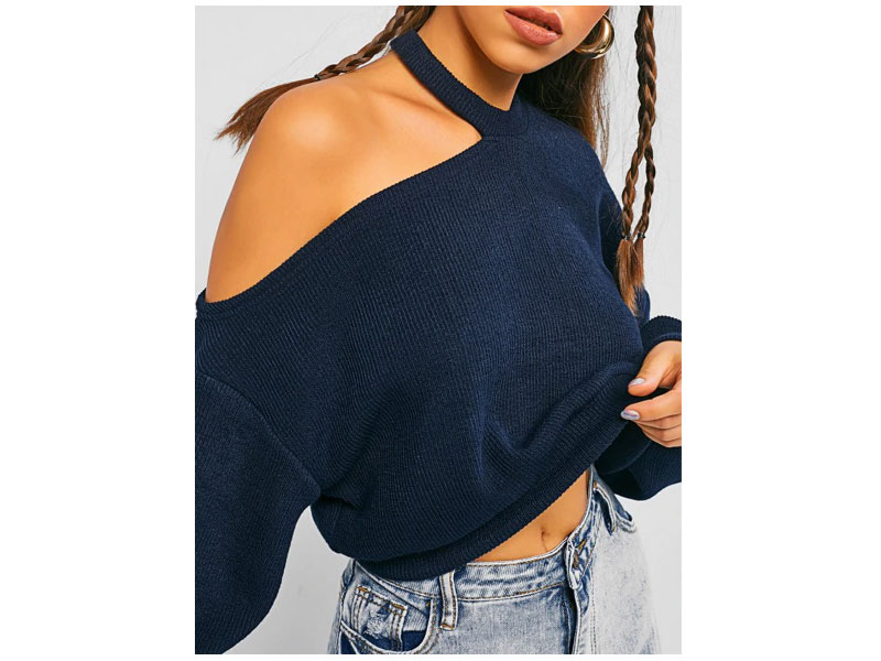 Women's Zaful Cold Shoulder Crop Sweater Midnight Xl