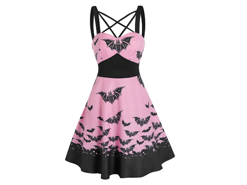 Women's Front Strappy Bat Print High Waist Mini Cami Dress