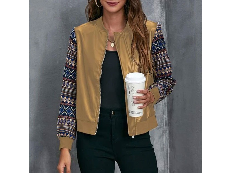 Women's Geo Pattern Spliced PU Bomber Jacket