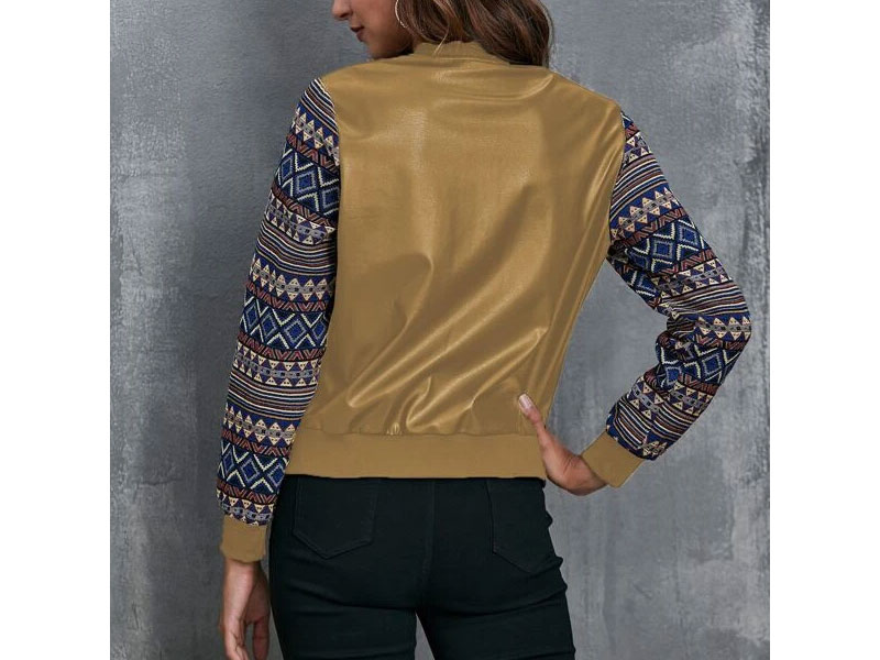 Women's Geo Pattern Spliced PU Bomber Jacket