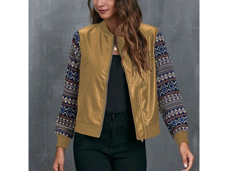 Women's Geo Pattern Spliced PU Bomber Jacket