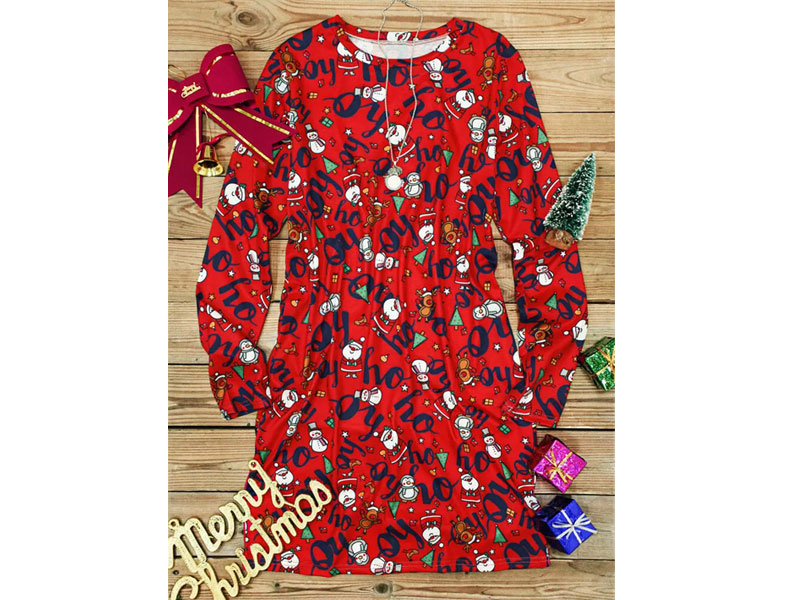 Women's Christmas Snowman Letter Long Sleeve Mini Dress Red