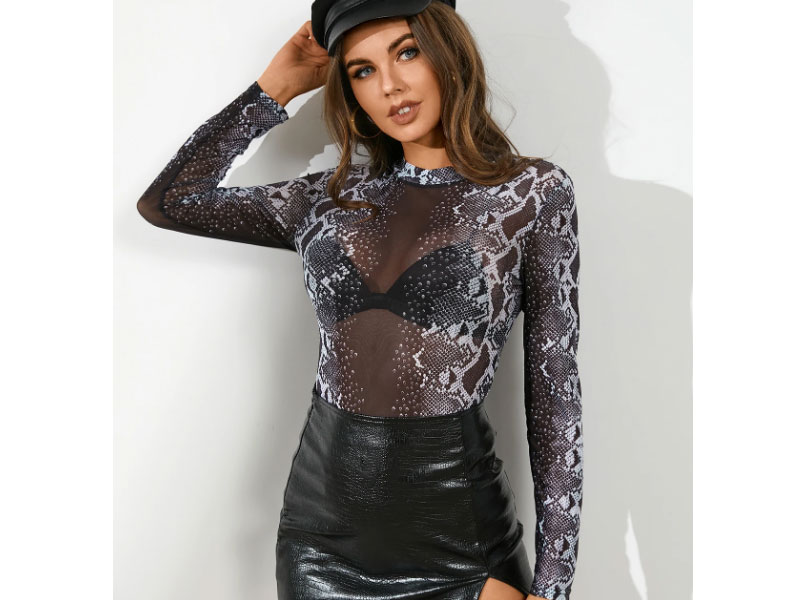 Women's Yoins Black Snakeskin See Through Mock Neck Long Sleeves Blouse