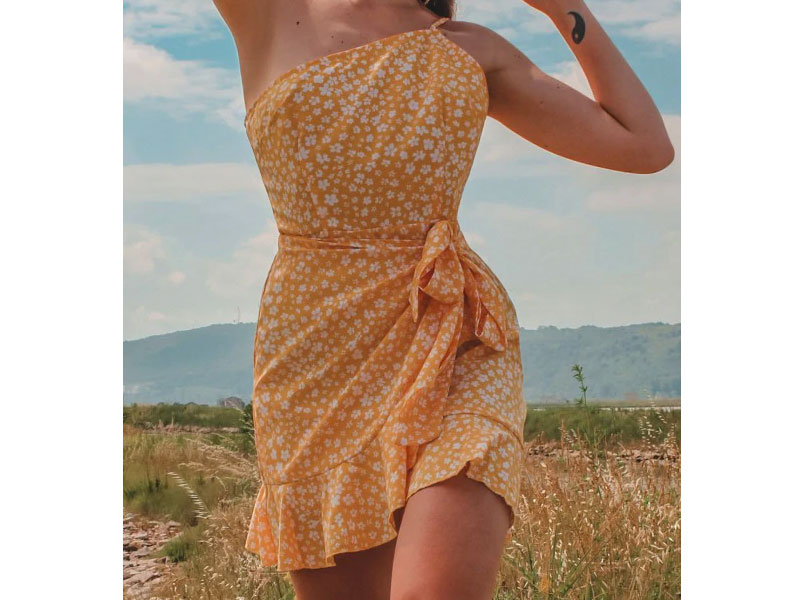 Women's Zaful Ditsy Print One Shoulder Overlap Flounce Hem Dress Mustard S