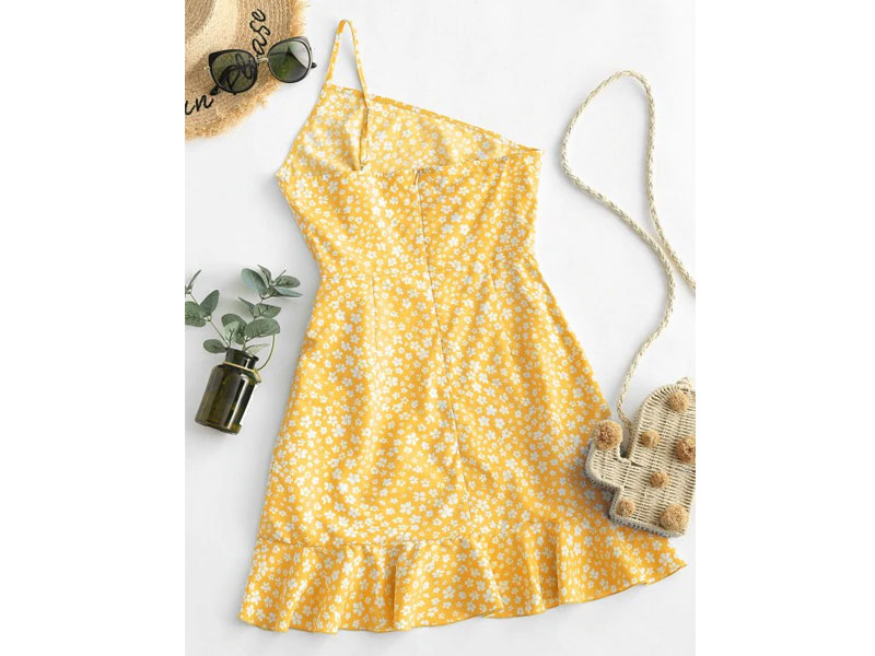 Women's Zaful Ditsy Print One Shoulder Overlap Flounce Hem Dress Mustard S