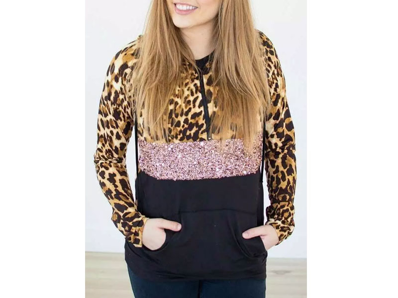 Women's Sequined Leopard Splicing Kangaroo Pocket Zipper Hoodie