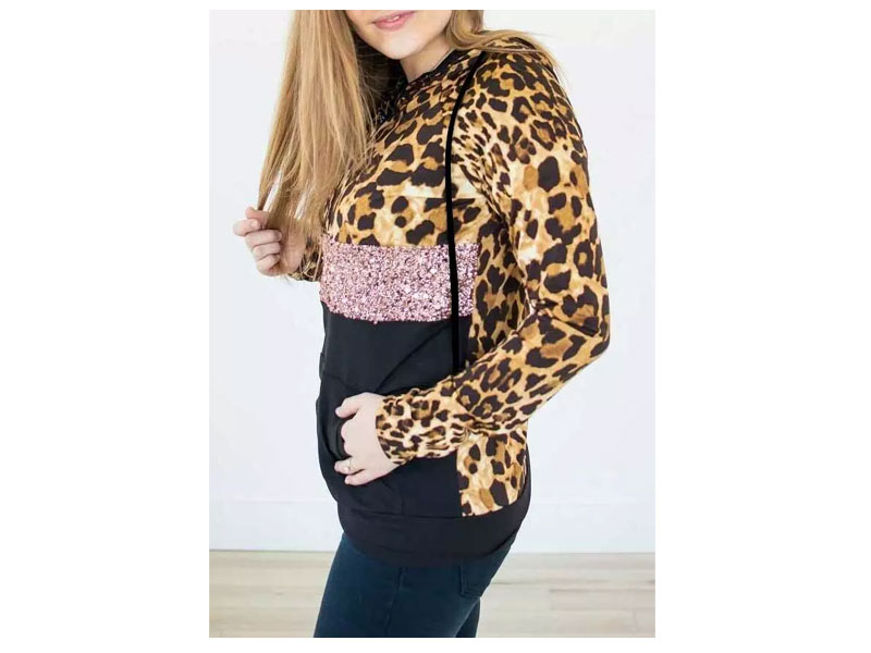 Women's Sequined Leopard Splicing Kangaroo Pocket Zipper Hoodie