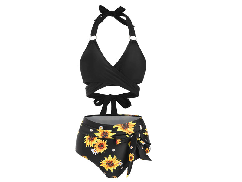 Women's Ring Sunflower Knot High Waisted Wrap Bikini Swimwear