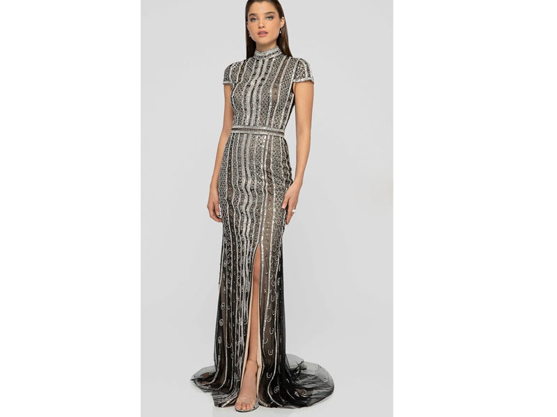 Women's Terani Couture Beaded High Neck Gown With Slit Dress