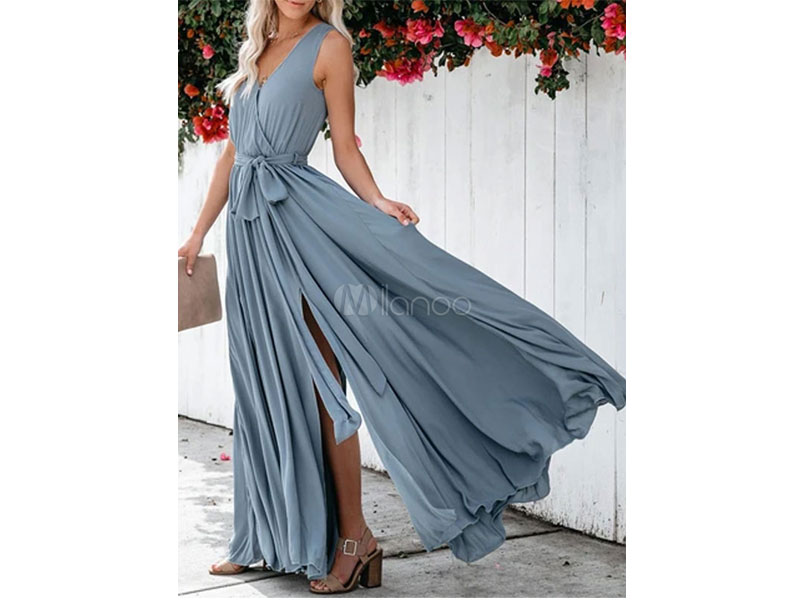 Women's Maxi Dress Sleeveless Blue V Neck Split Summer Dress