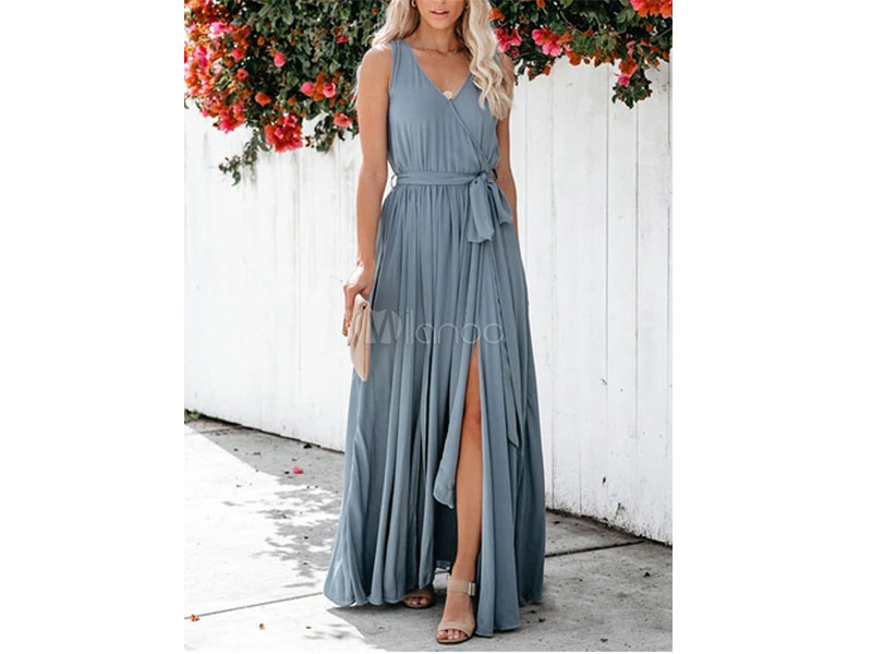 Women's Maxi Dress Sleeveless Blue V Neck Split Summer Dress