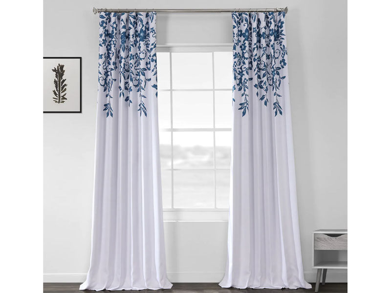 Temple Garden Blue Printed Linen Textured Blackout Curtain