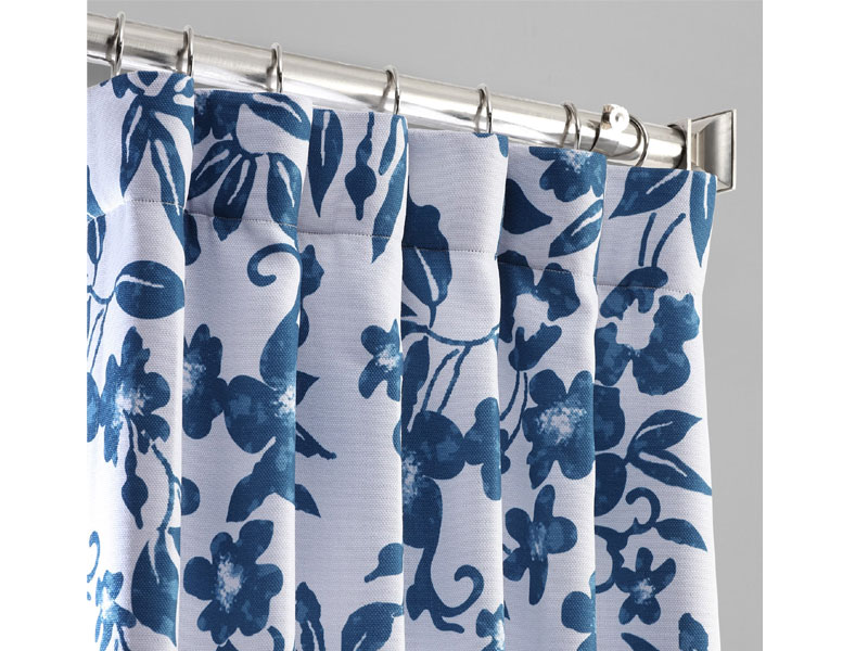 Temple Garden Blue Printed Linen Textured Blackout Curtain