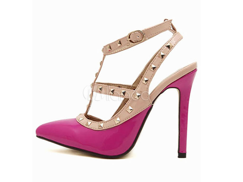 Attractive Fuchsia Stiletto Heels Rivert Strap Patent Pointy Toe For Women