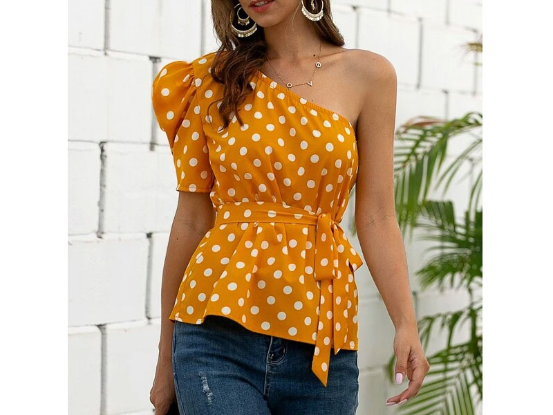 Women's Polka Dot One Shoulder Puff Sleeve Belted Blouse