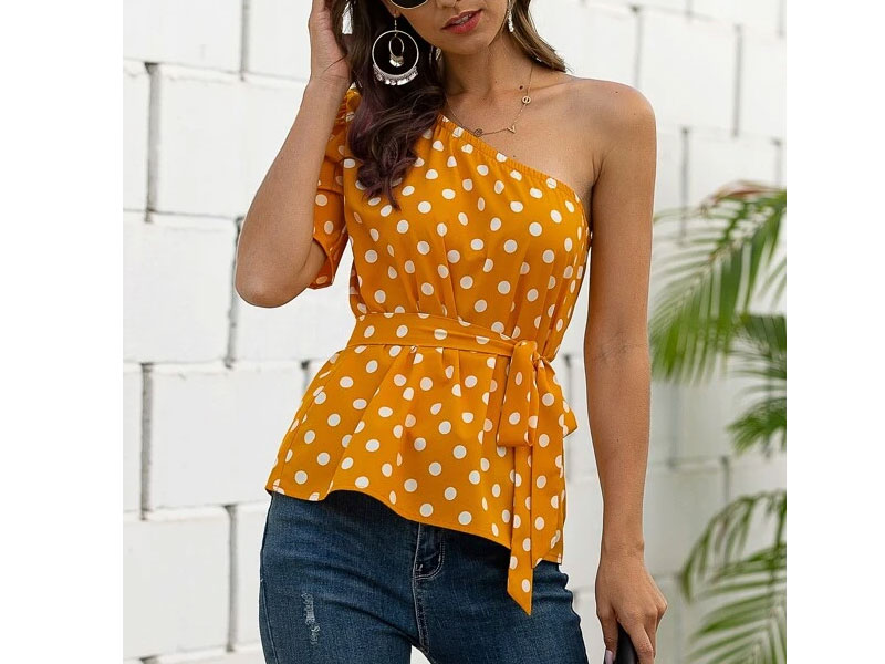 Women's Polka Dot One Shoulder Puff Sleeve Belted Blouse