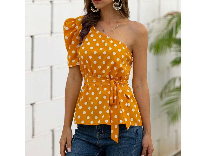 Women's Polka Dot One Shoulder Puff Sleeve Belted Blouse