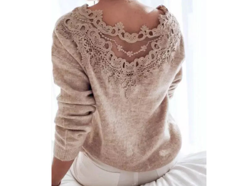 Women's Lace Splicing Hollow Out Long Sleeve Sweater Light Brown