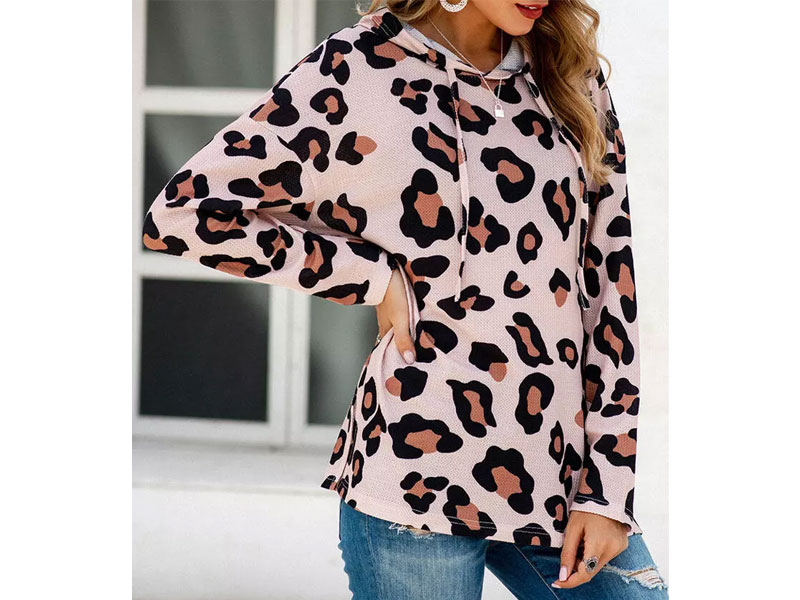 Women's Leopard Drawstring Slit Long Sleeve Hoodie