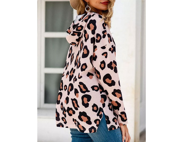Women's Leopard Drawstring Slit Long Sleeve Hoodie